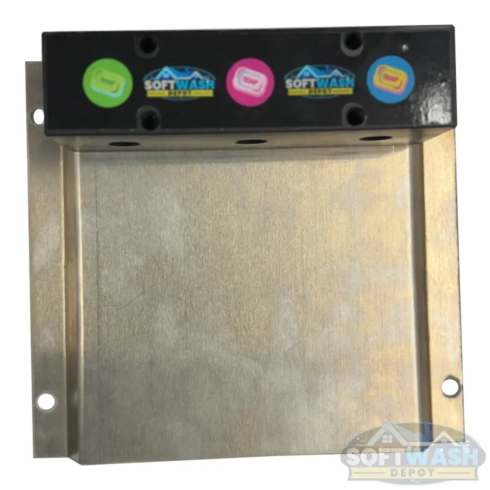 Black downstream injector manifold block available in 2-port and 3-port configurations, featuring chemical-resistant valves and barbed fittings for quick soft wash solution switching. - Soft Wash Depot