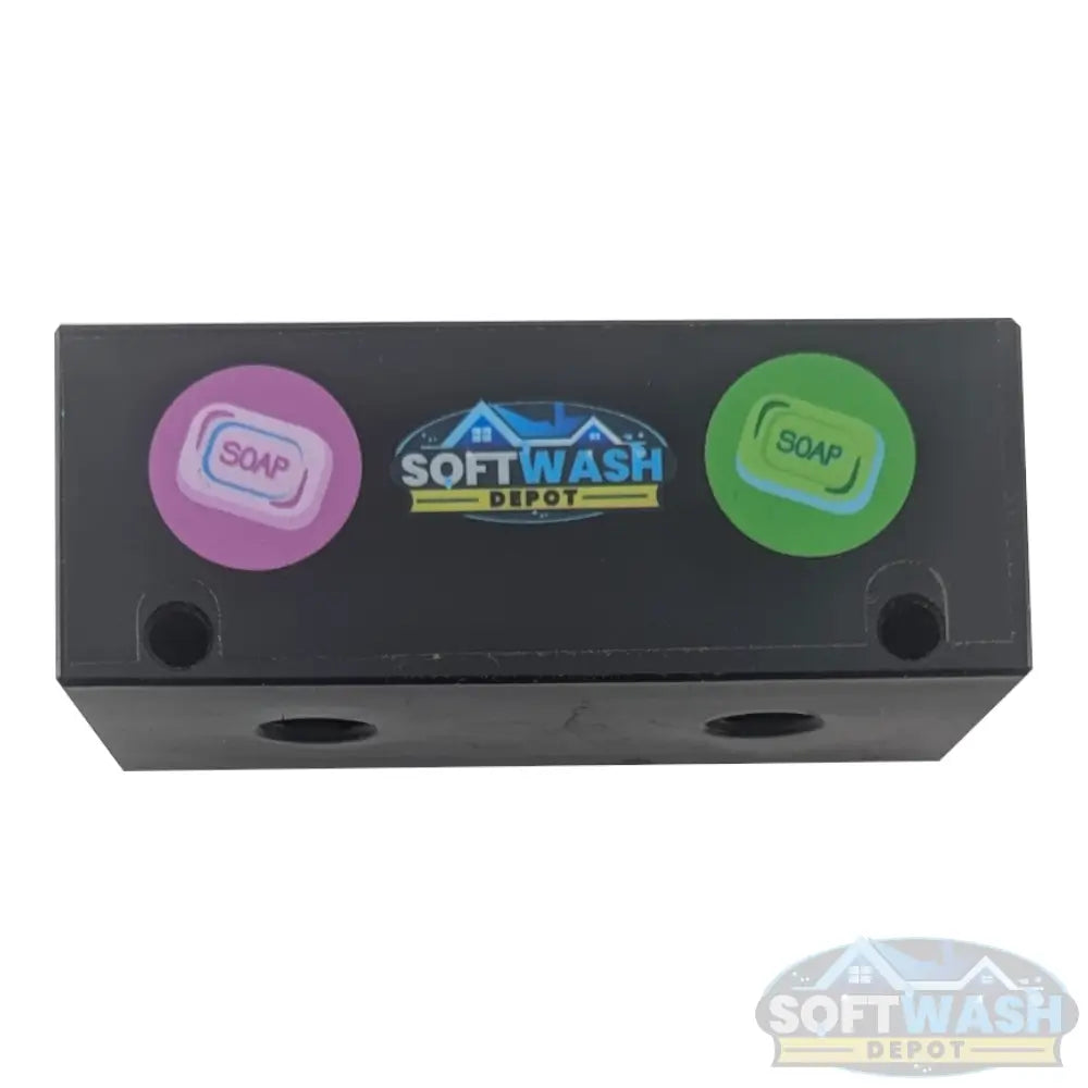 Black downstream injector manifold block available in 2-port and 3-port configurations, featuring chemical-resistant valves and barbed fittings for quick soft wash solution switching. - Soft Wash Depot