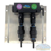 Black downstream injector manifold block available in 2-port and 3-port configurations, featuring chemical-resistant valves and barbed fittings for quick soft wash solution switching. - Soft Wash Depot