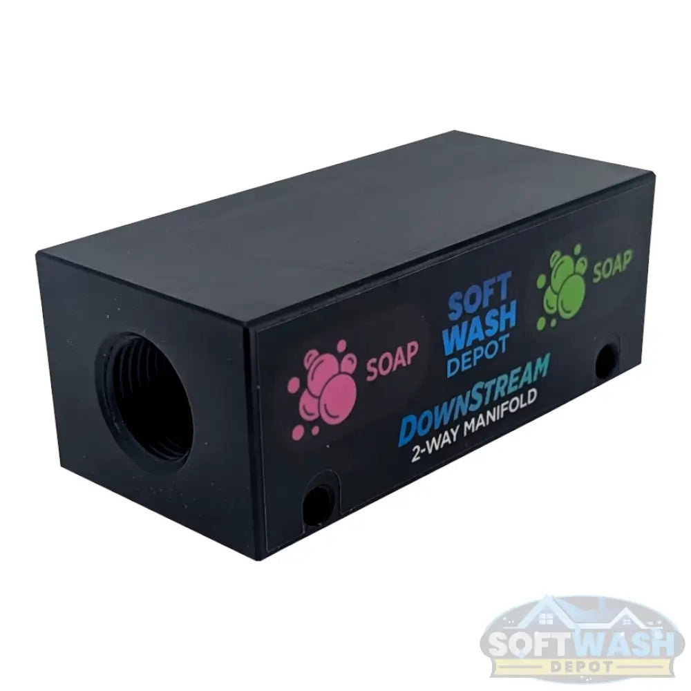 Black downstream injector manifold block available in 2-port and 3-port configurations, featuring chemical-resistant valves and barbed fittings for quick soft wash solution switching. - Soft Wash Depot