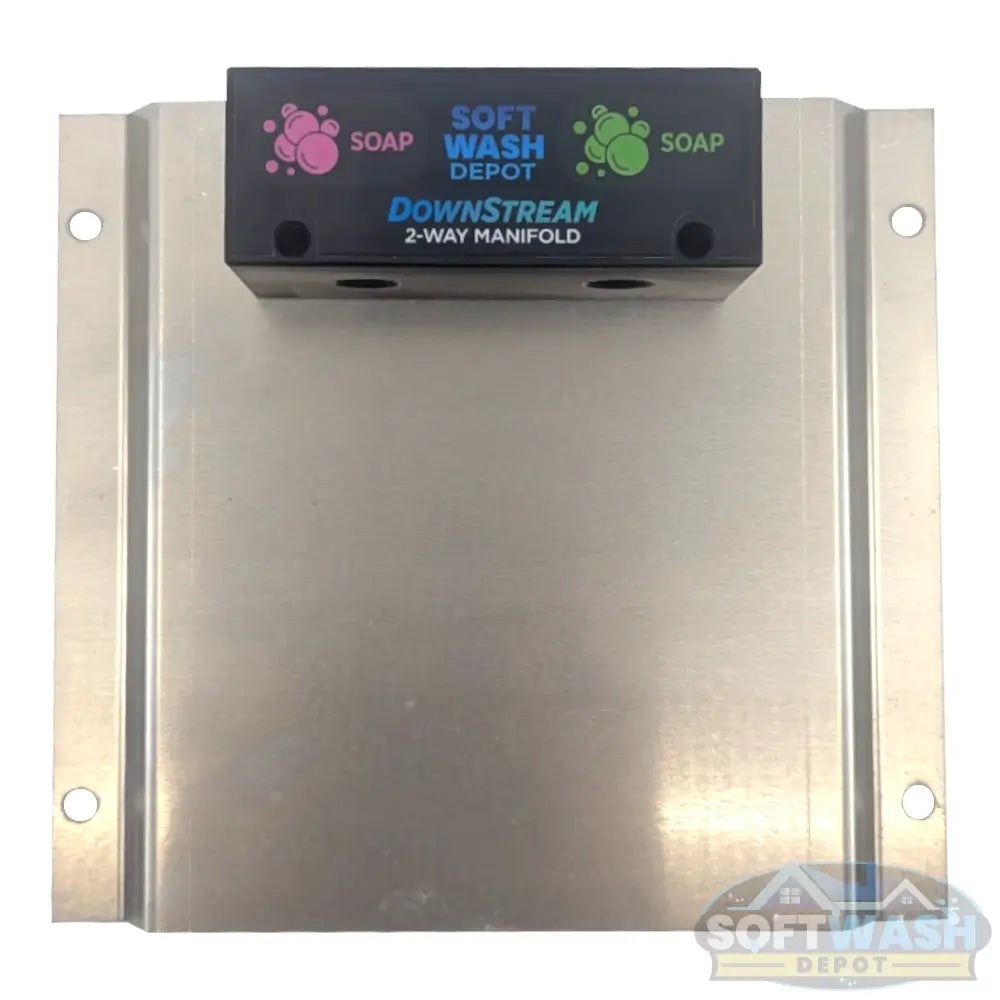 Black downstream injector manifold block available in 2-port and 3-port configurations, featuring chemical-resistant valves and barbed fittings for quick soft wash solution switching. - Soft Wash Depot