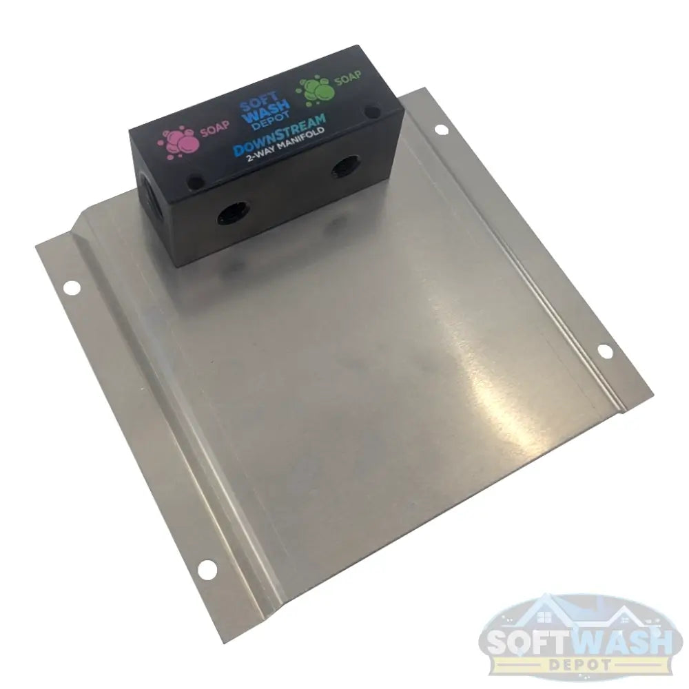 Black downstream injector manifold block available in 2-port and 3-port configurations, featuring chemical-resistant valves and barbed fittings for quick soft wash solution switching. - Soft Wash Depot