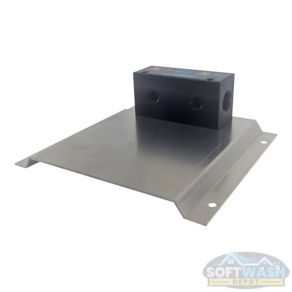 Black downstream injector manifold block available in 2-port and 3-port configurations, featuring chemical-resistant valves and barbed fittings for quick soft wash solution switching. - Soft Wash Depot