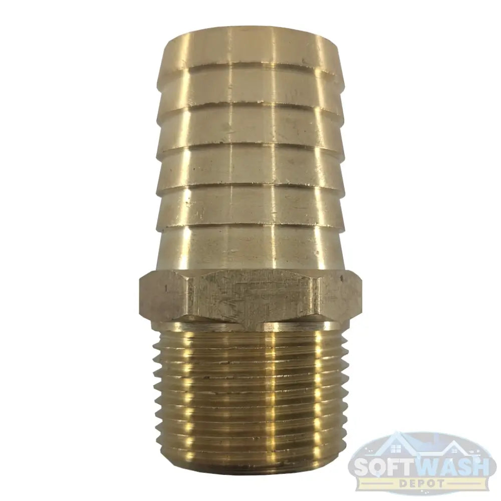 Brass hose nipple with 3/4 inch male pipe thread and 1 inch hose barb connection. - Soft Wash Depot