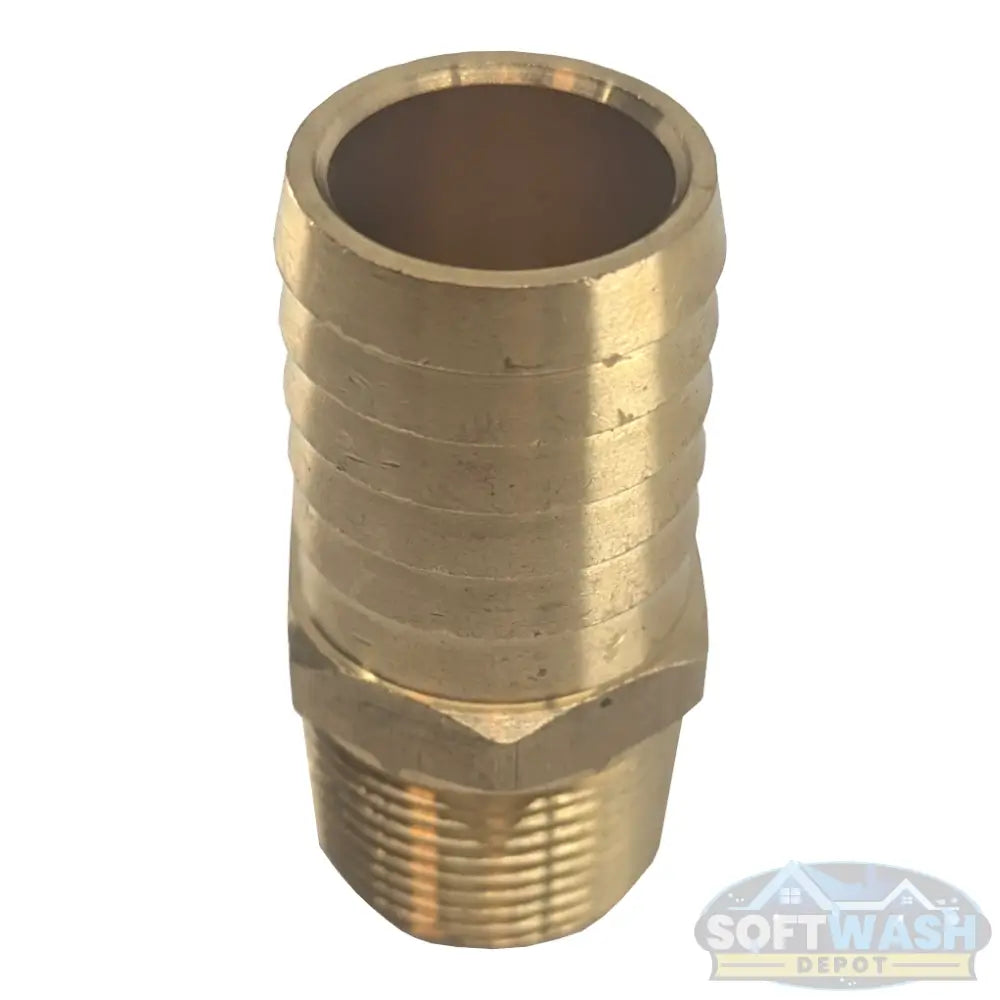 Brass hose nipple with 3/4 inch male pipe thread and 1 inch hose barb connection. - Soft Wash Depot