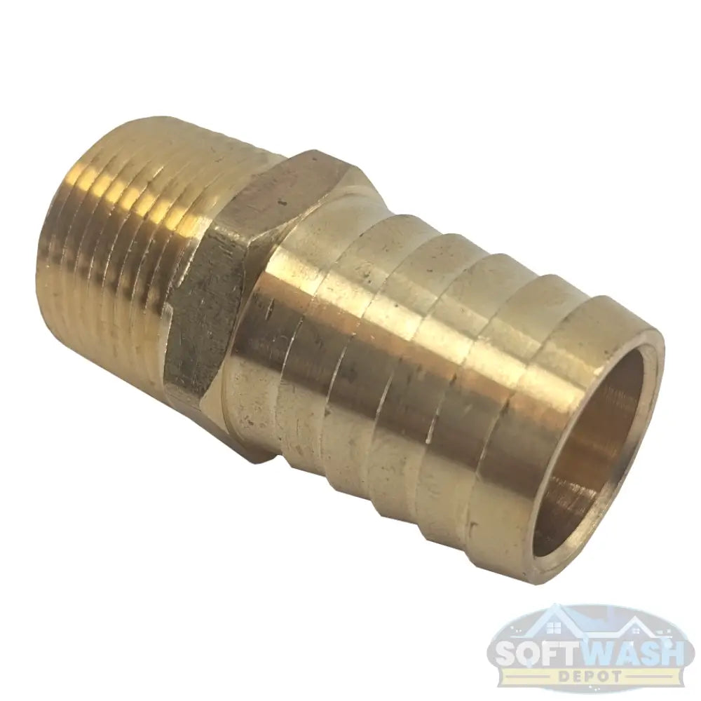 Brass hose nipple with 3/4 inch male pipe thread and 1 inch hose barb connection. - Soft Wash Depot
