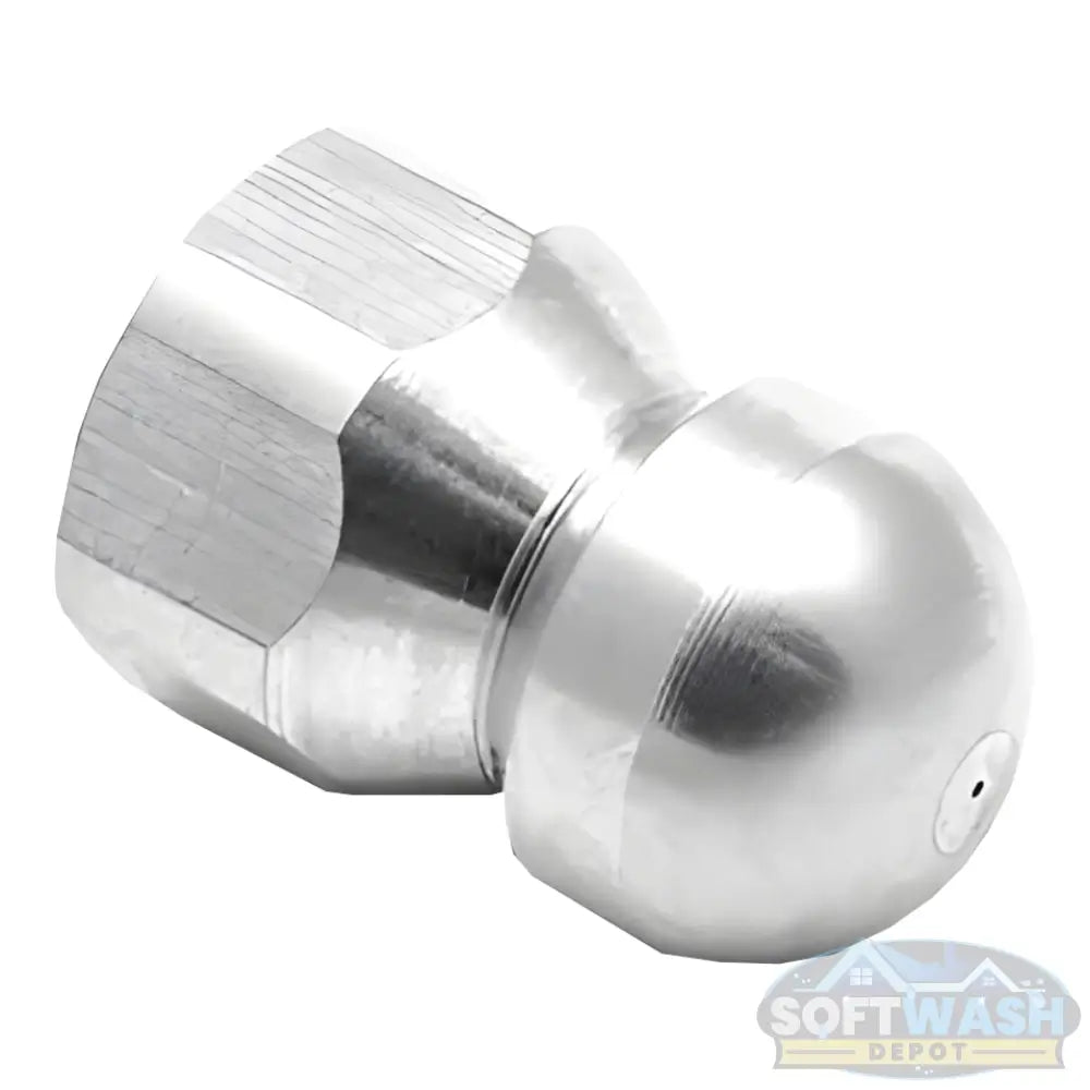 3/8 inch stainless steel fixed 8.0 sewer nozzle with button nose, front jet, and three rear jets for pressure washer sewer and drain cleaning. - Soft Wash Depot