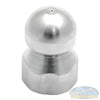 3/8 inch stainless steel fixed 8.0 sewer nozzle with button nose, front jet, and three rear jets for pressure washer sewer and drain cleaning. - Soft Wash Depot