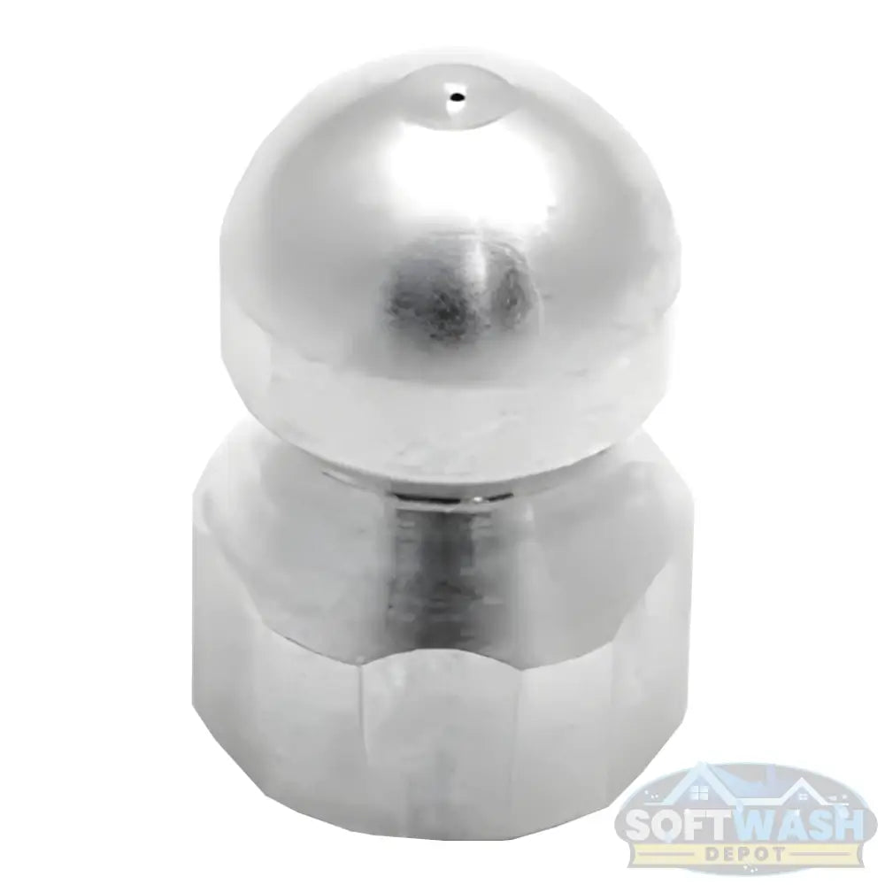 3/8 inch stainless steel fixed 8.0 sewer nozzle with button nose, front jet, and three rear jets for pressure washer sewer and drain cleaning. - Soft Wash Depot