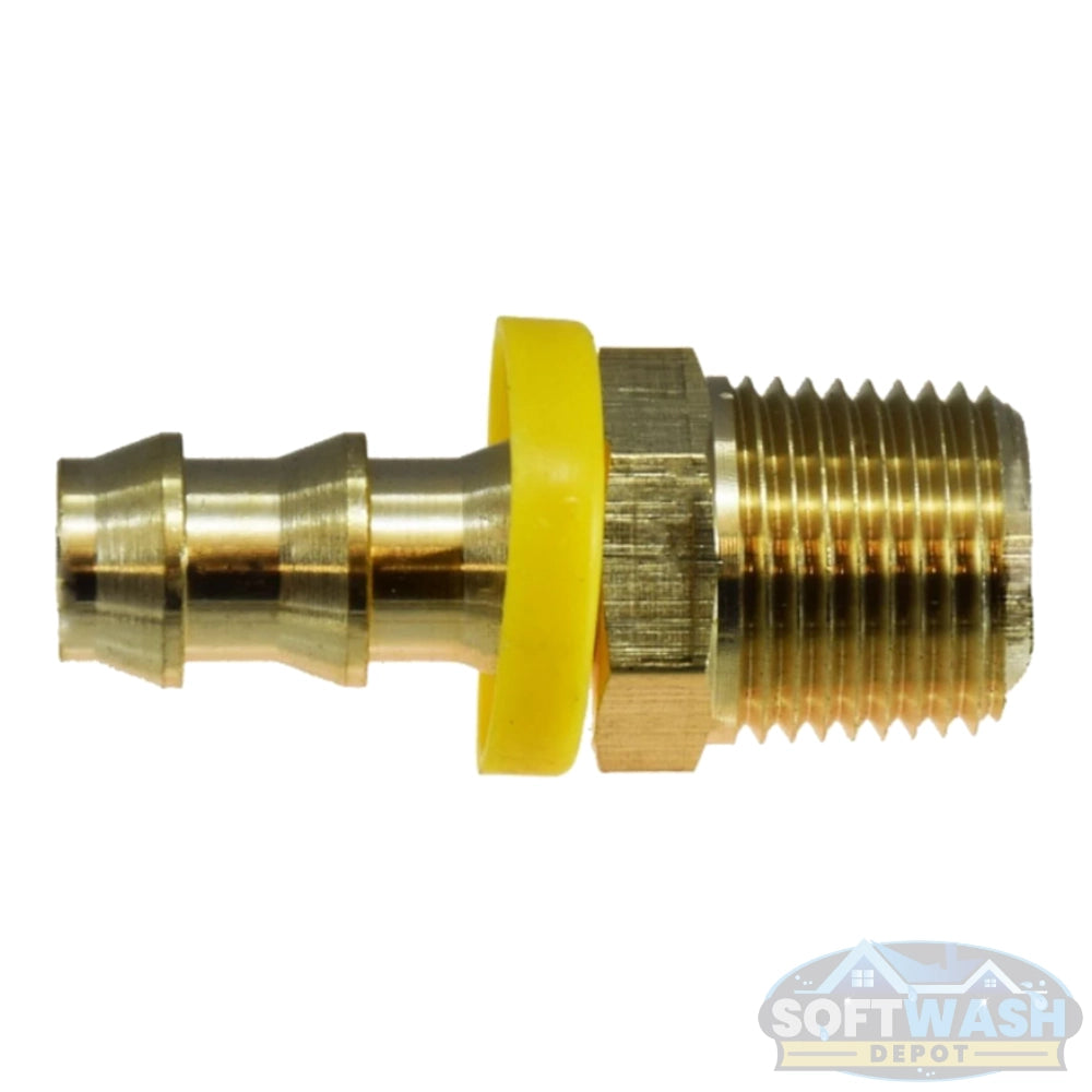 3/8 inch push lock barb x 1/4 inch MPT brass fitting with yellow collar for soft wash and pressure washing systems - durable hose connector. - Soft Wash Depot