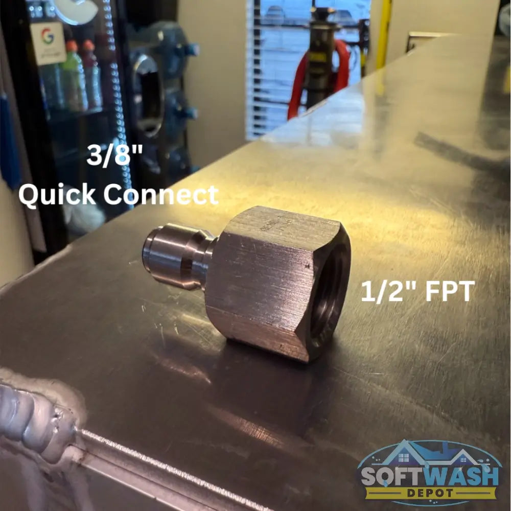 General Pump stainless steel 3/8 inch quick connect plug with 1/2 inch FNPT threads for pressure washing systems. - Soft Wash Depot
