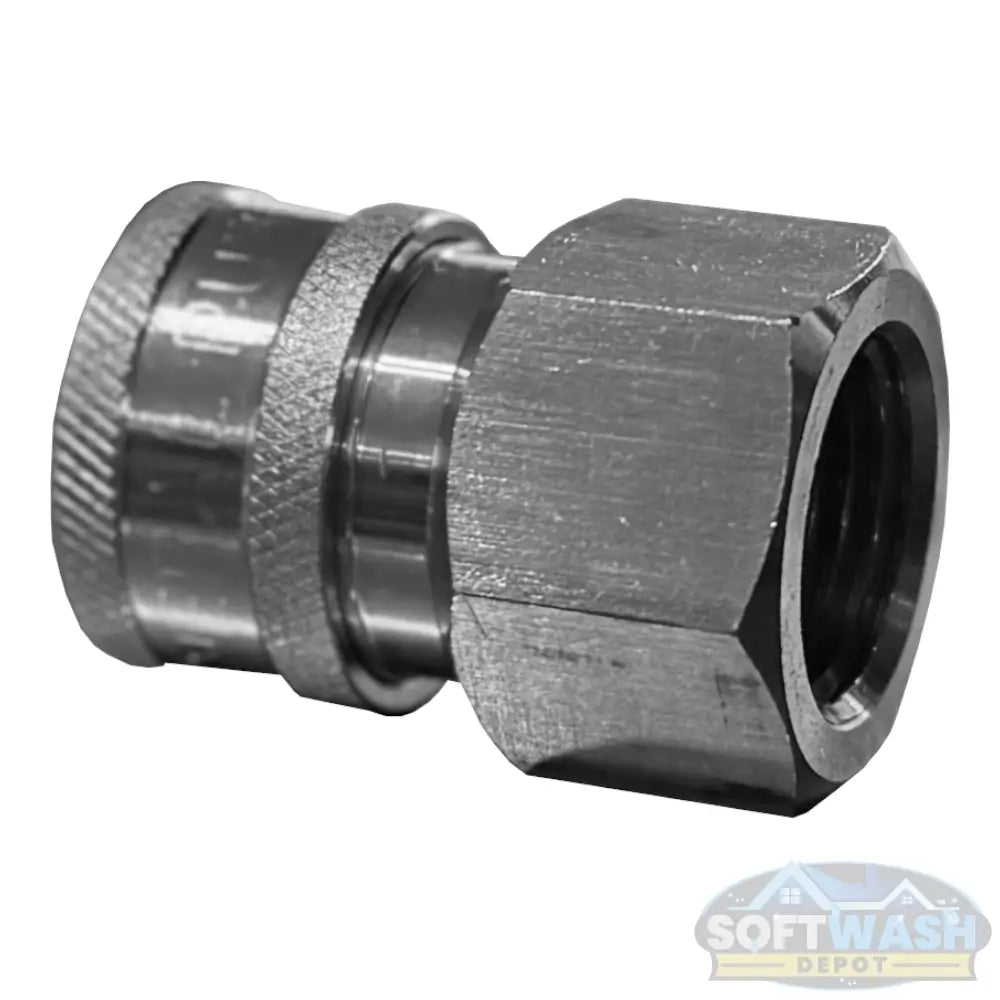 General Pump stainless steel 3/8 inch quick connect socket with 1/2 inch FNPT threads for pressure washing systems. - Soft Wash Depot