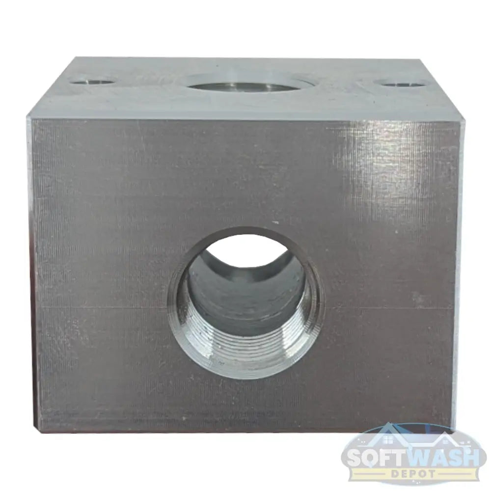 3-Way aluminum unloader bypass block with threaded ports for pressure washer and soft wash plumbing applications. - Soft Wash Depot
