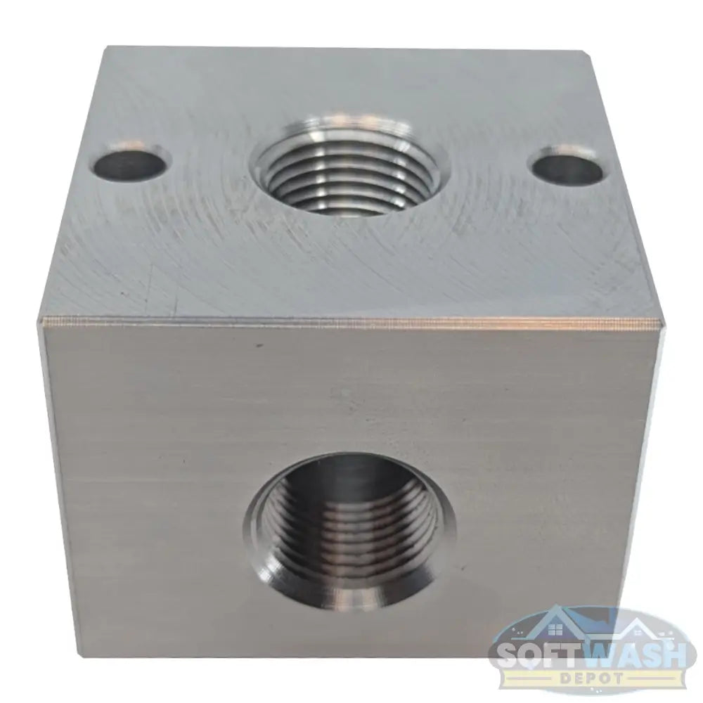 3-Way aluminum unloader bypass block with threaded ports for pressure washer and soft wash plumbing applications. - Soft Wash Depot