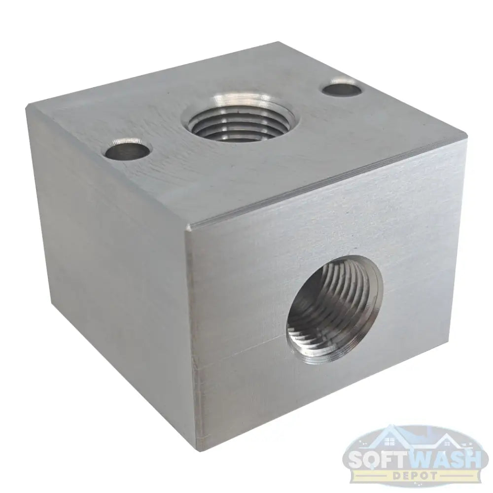 3-Way aluminum unloader bypass block with threaded ports for pressure washer and soft wash plumbing applications. - Soft Wash Depot