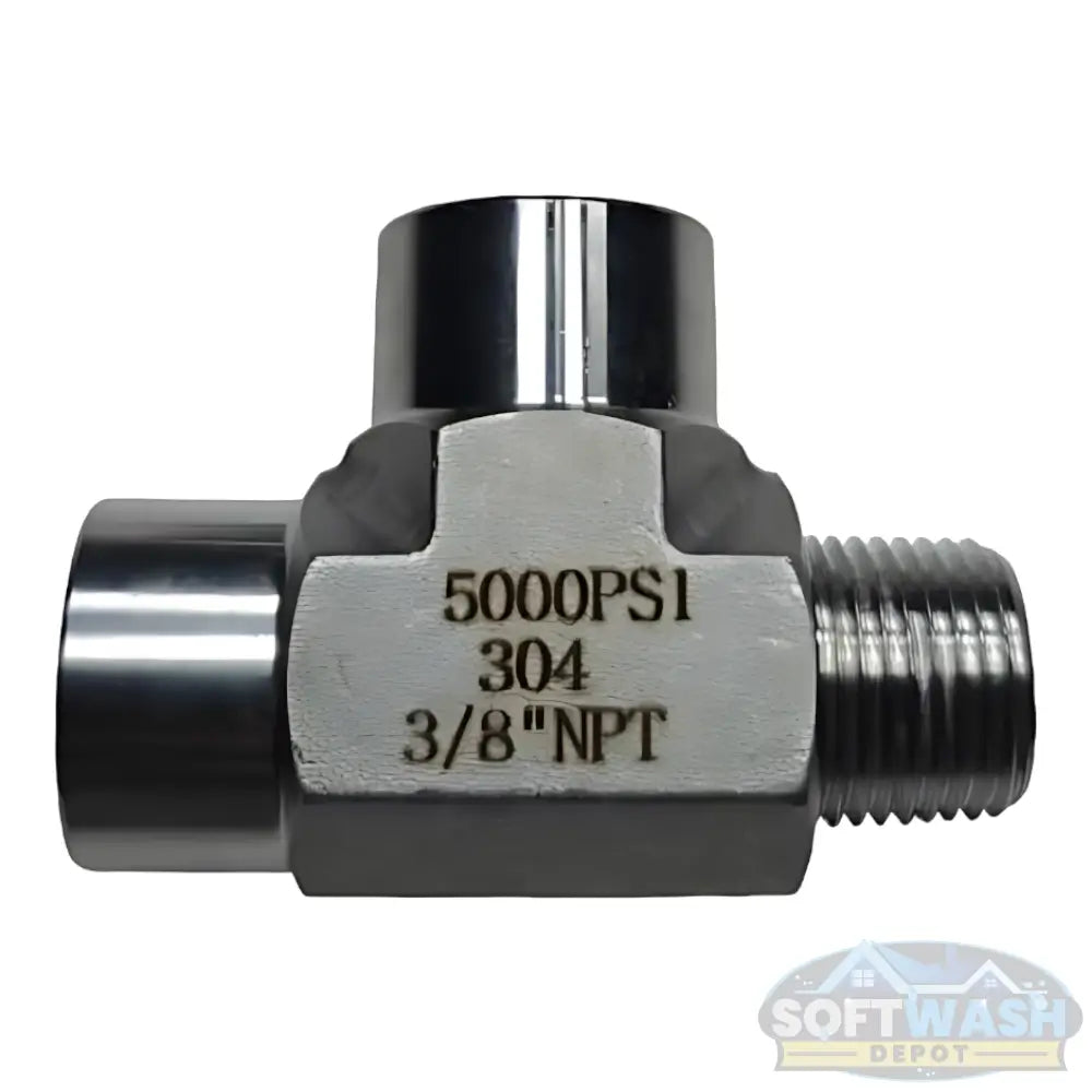 304 stainless steel forged tee pipe fitting with 3/8” female NPT ports and 3/8” male NPT run, rated 5000 PSI. - Soft Wash Depot
