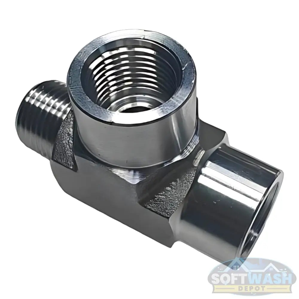 304 stainless steel forged tee pipe fitting with 3/8” female NPT ports and 3/8” male NPT run, rated 5000 PSI. - Soft Wash Depot