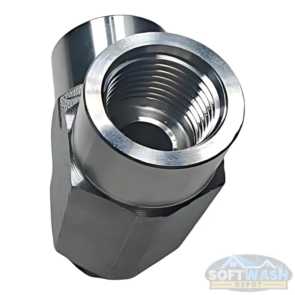 304 stainless steel forged tee pipe fitting with 3/8” female NPT ports and 3/8” male NPT run, rated 5000 PSI. - Soft Wash Depot
