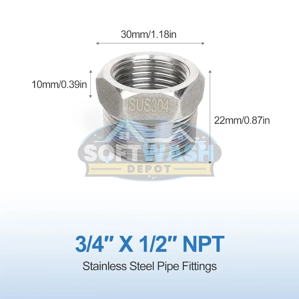 304 Stainless Steel Reducer Hex Bushing, 3/4" NPT Male x 1/2" NPT Female 300 psi Reducing Pipe Fitting Adapter