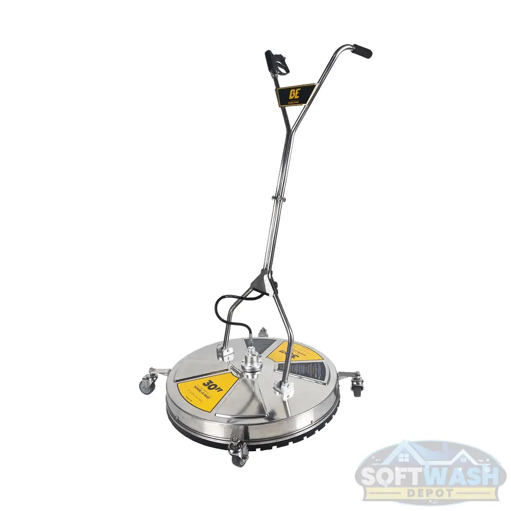 30 inch Whirl-A-Way stainless steel pressure washer surface cleaner with twin handles, swivel casters, and triple rotating spray jets for commercial flat surface cleaning. - Soft Wash Depot