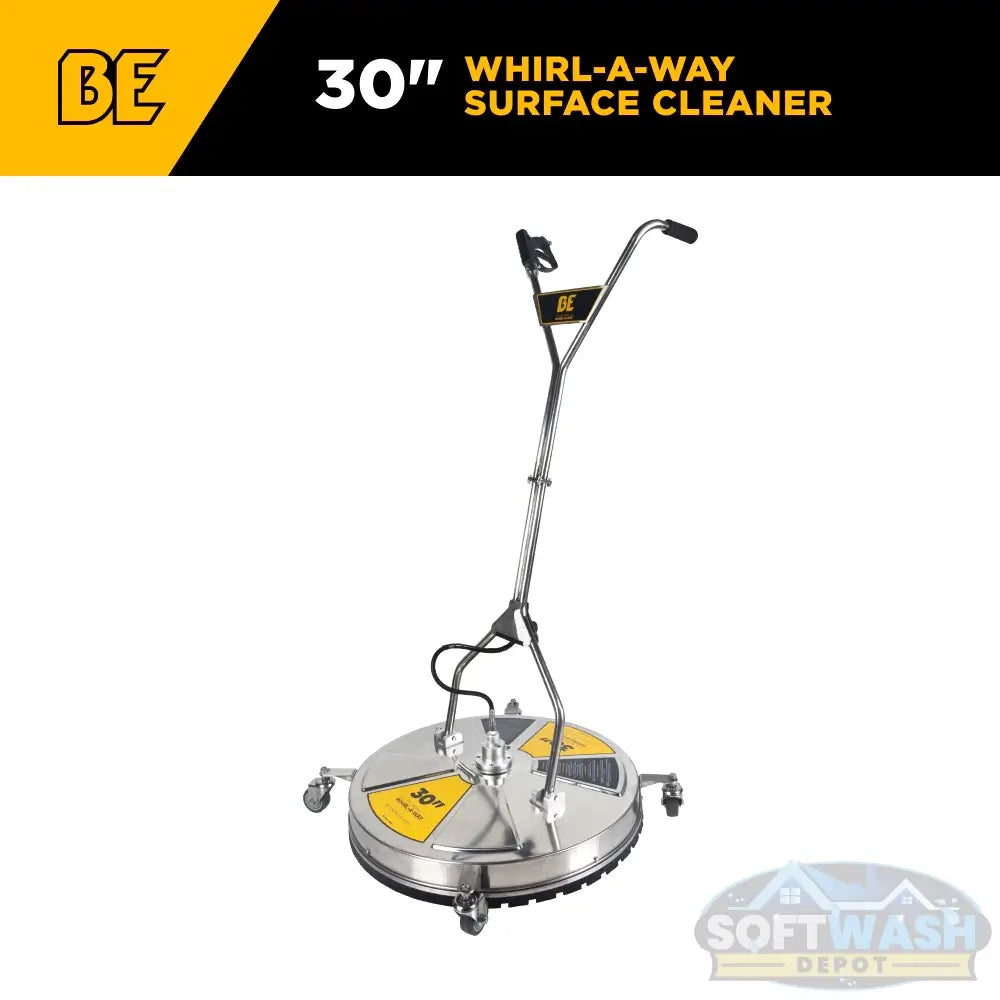 30 inch Whirl-A-Way stainless steel pressure washer surface cleaner with twin handles, swivel casters, and triple rotating spray jets for commercial flat surface cleaning. - Soft Wash Depot