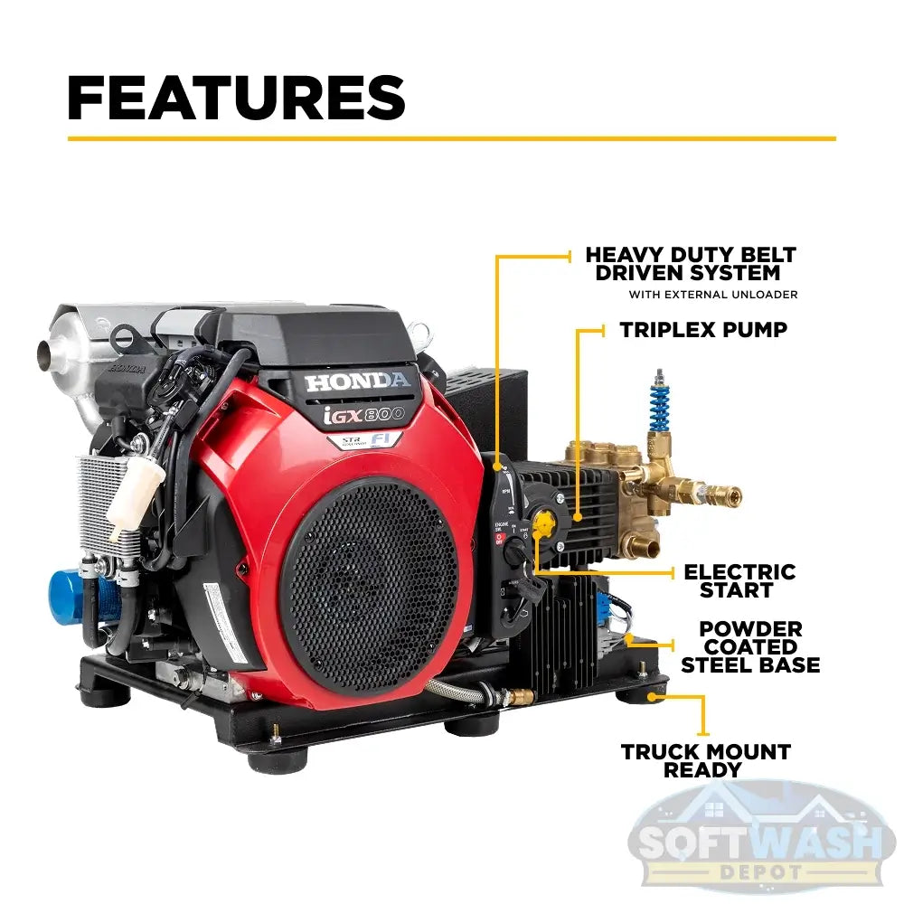 BE B3528HETBGS / CWF1027H 3500 PSI 10 GPM truck mount pressure washer with Honda iGX800 engine and General TSF2421 pump. - Soft Wash Depot