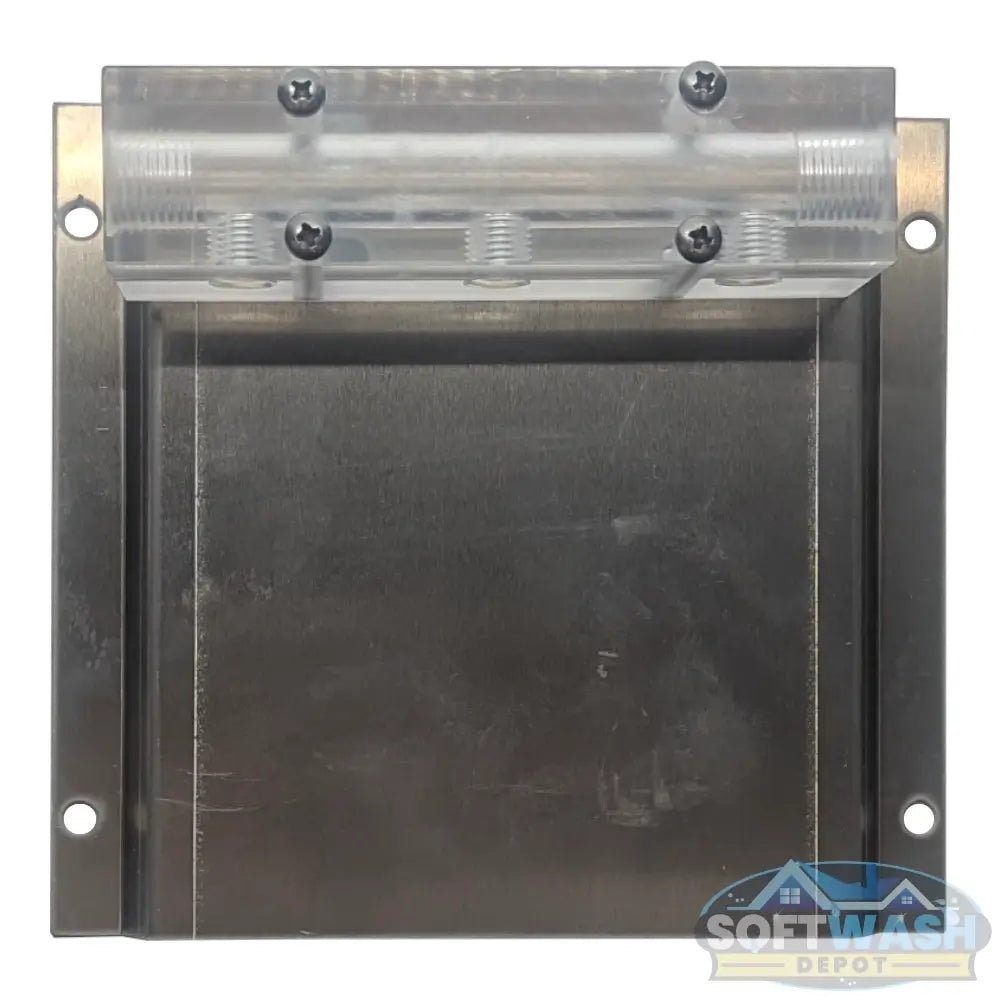 Clear downstream injector manifold block with 2-port or 3-port configuration, transparent chemical injection manifold for pressure washing and soft wash systems. - Soft Wash Depot