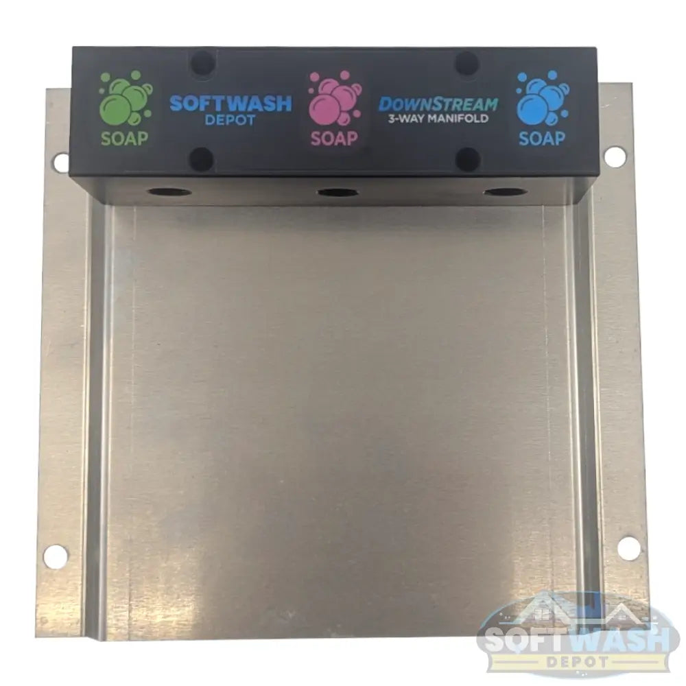 Black downstream injector manifold block available in 2-port and 3-port configurations, featuring chemical-resistant valves and barbed fittings for quick soft wash solution switching. - Soft Wash Depot