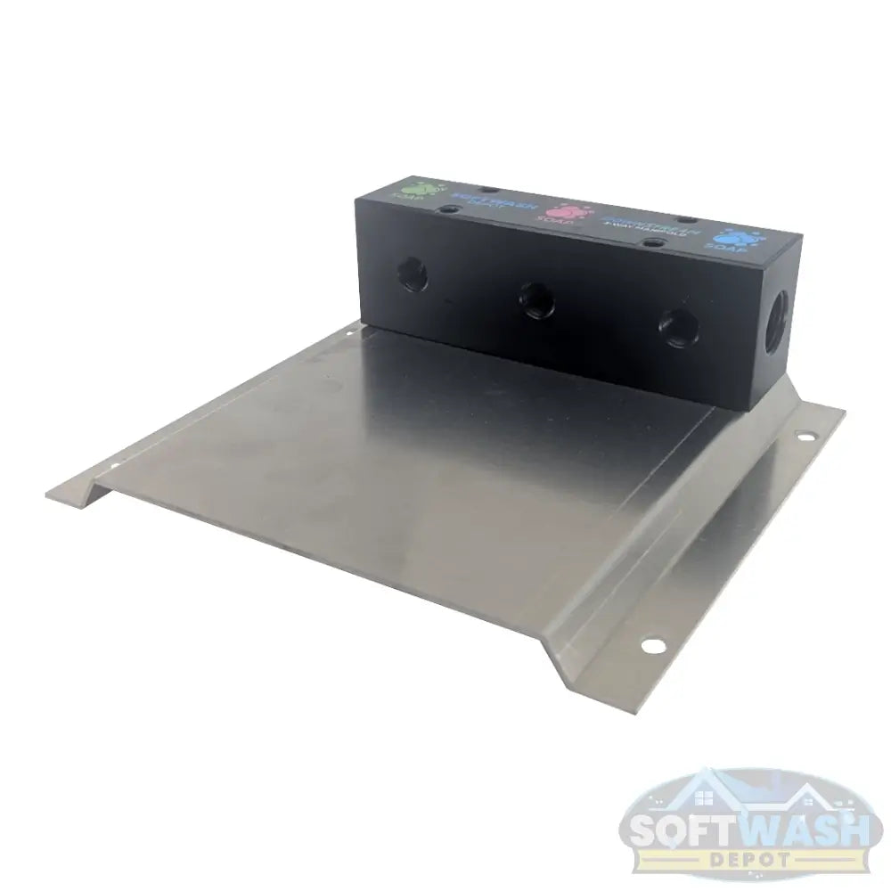 Black downstream injector manifold block available in 2-port and 3-port configurations, featuring chemical-resistant valves and barbed fittings for quick soft wash solution switching. - Soft Wash Depot