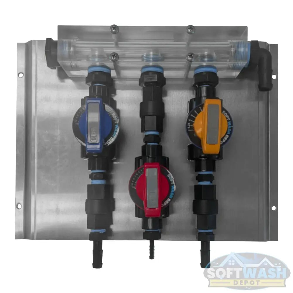 Clear Acrylic Soft Washing Mixing Proportioner with Precision Flow Valves - available in 3-port and 4-port configurations, featuring adjustable color-coded control valves for water, soap, and bleach mixing. - Soft Wash Depot