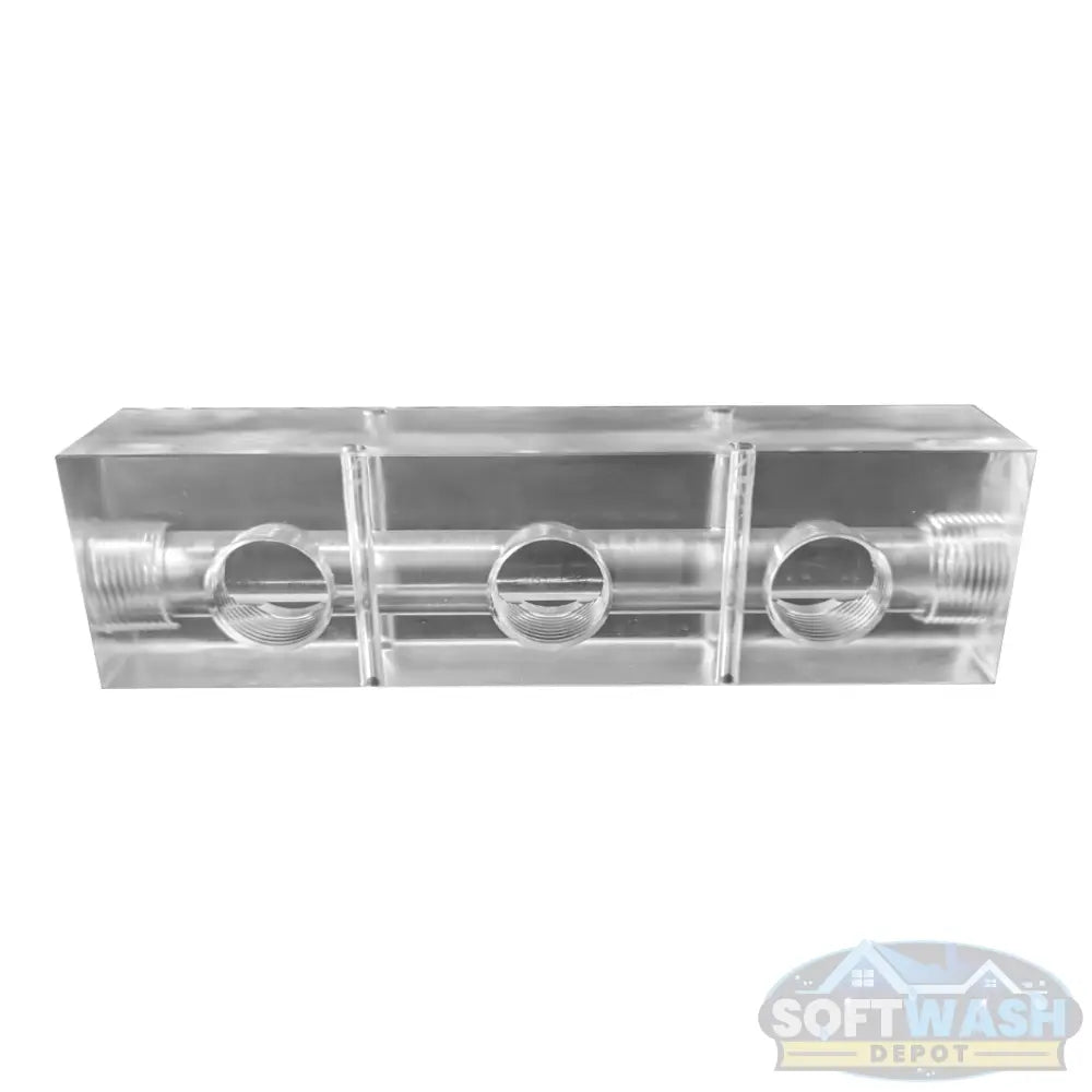 3 Port Clear Acrylic Soft Wash Mixing Manifold - precision-machined transparent manifold block with threaded ports for proportioner system connections. - Soft Wash Depot