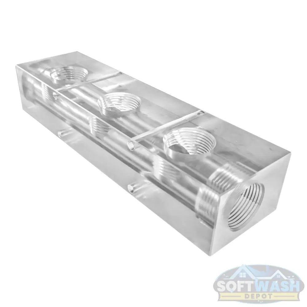 3 Port Clear Acrylic Soft Wash Mixing Manifold - precision-machined transparent manifold block with threaded ports for proportioner system connections. - Soft Wash Depot