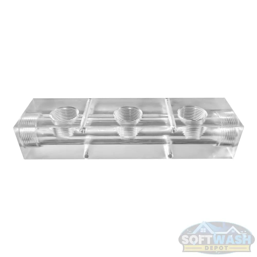 3 Port Clear Acrylic Soft Wash Mixing Manifold - precision-machined transparent manifold block with threaded ports for proportioner system connections. - Soft Wash Depot