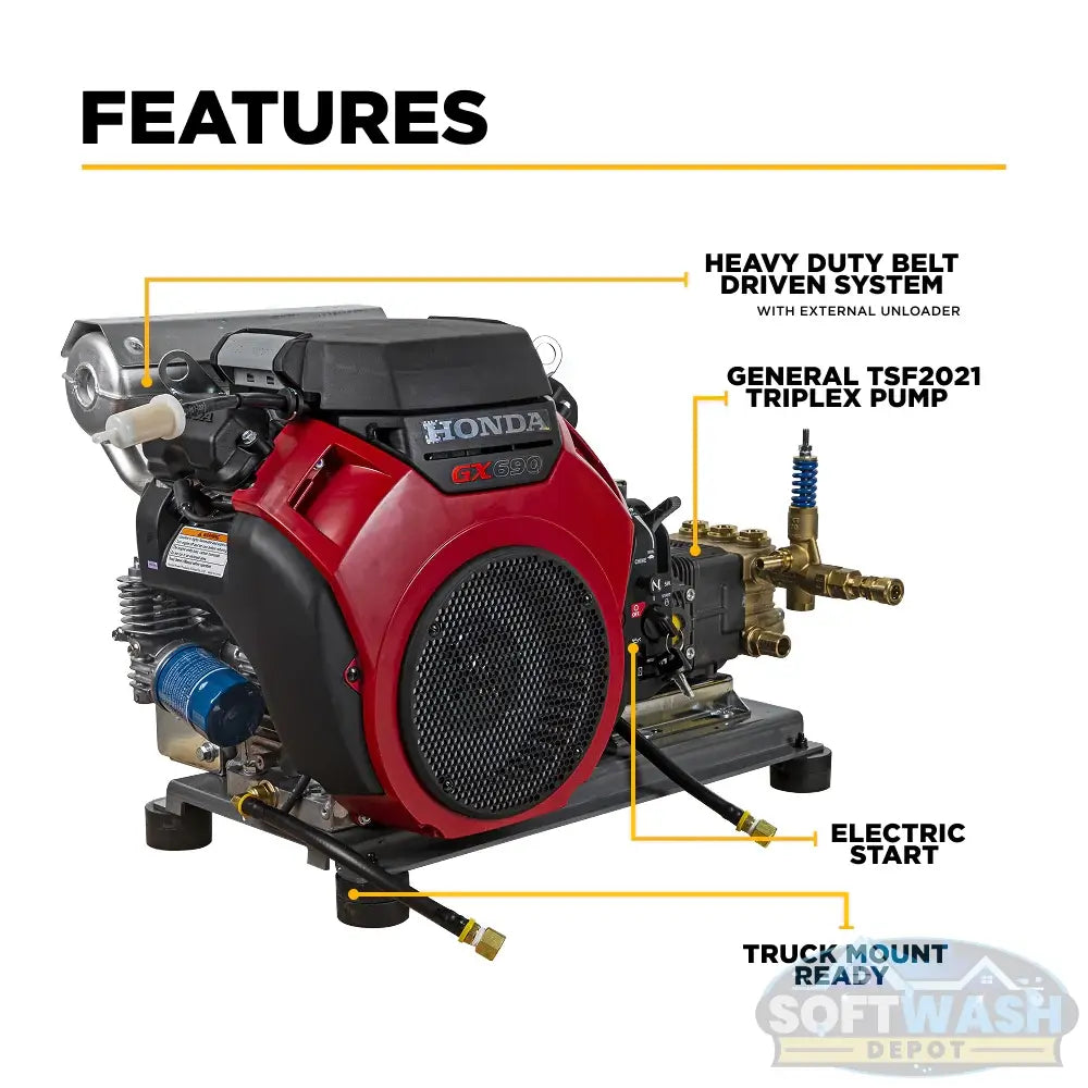 4,000 PSI 8.2 GPM BE cold water gas pressure washer with Honda GX690 engine and belt-driven General pump, designed for commercial truck mount applications. - Soft Wash Depot