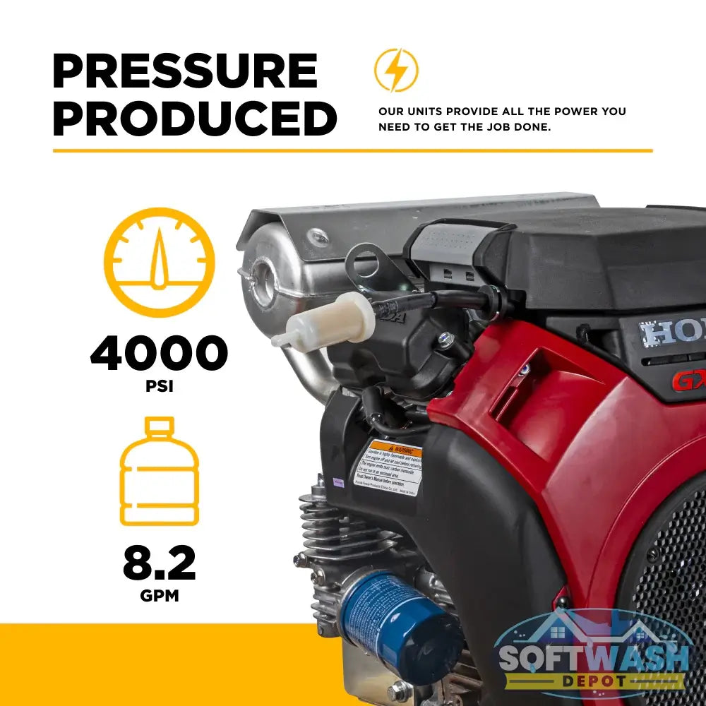 4,000 PSI 8.2 GPM BE cold water gas pressure washer with Honda GX690 engine and belt-driven General pump, designed for commercial truck mount applications. - Soft Wash Depot