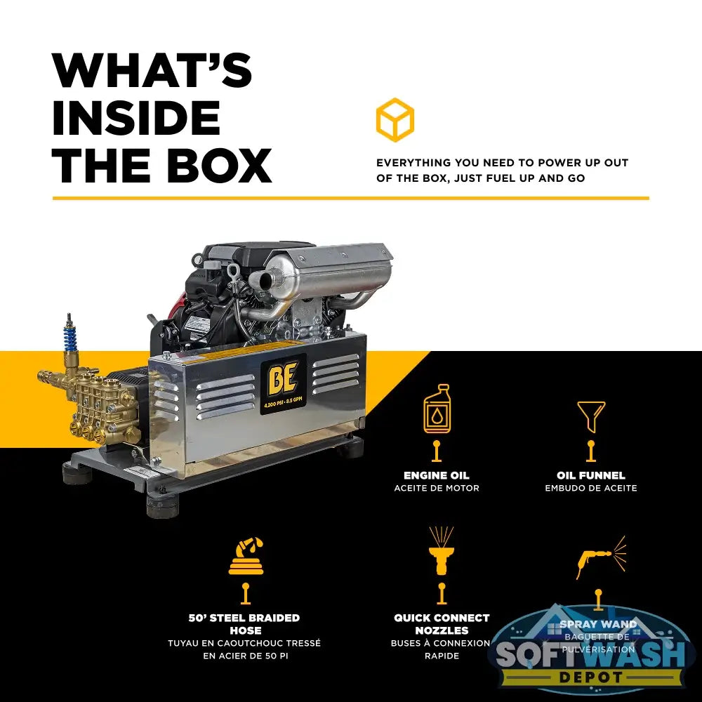 4,000 PSI 8.2 GPM BE cold water gas pressure washer with Honda GX690 engine and belt-driven General pump, designed for commercial truck mount applications. - Soft Wash Depot