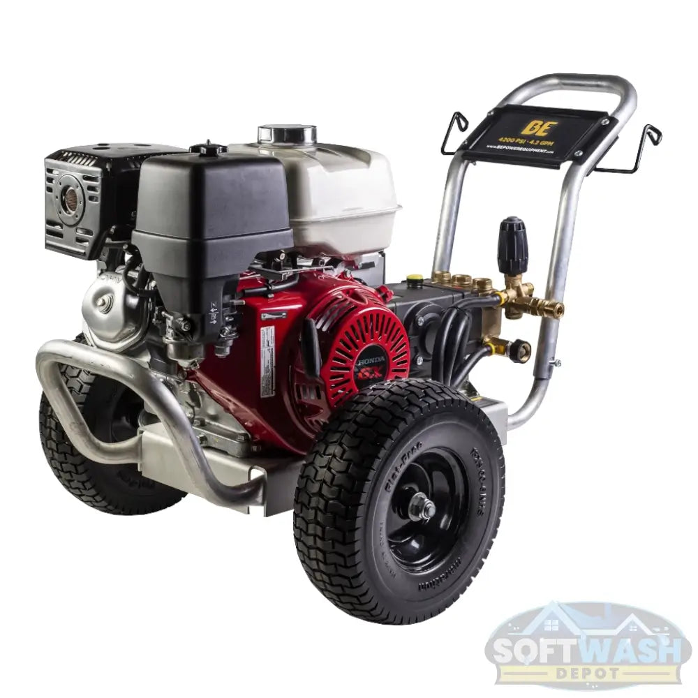 4,200 PSI 4.2 GPM cold water gas pressure washer with Honda GX390 engine, General TSS1511-P8 belt drive triplex pump, aluminum frame, and flat-free tires. - Soft Wash Depot
