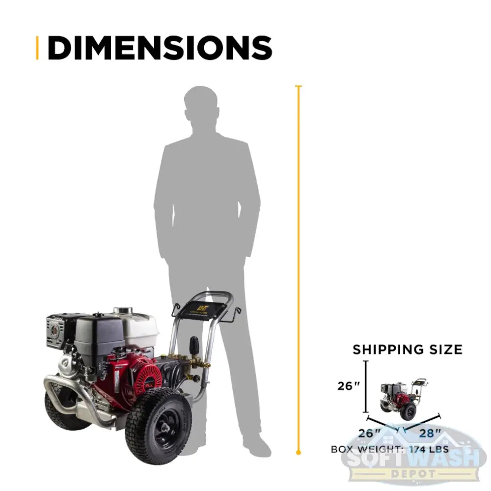 4,200 PSI 4.2 GPM cold water gas pressure washer with Honda GX390 engine, General TSS1511-P8 belt drive triplex pump, aluminum frame, and flat-free tires. - Soft Wash Depot