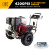 4,200 PSI 4.2 GPM cold water gas pressure washer with Honda GX390 engine, General TSS1511-P8 belt drive triplex pump, aluminum frame, and flat-free tires. - Soft Wash Depot