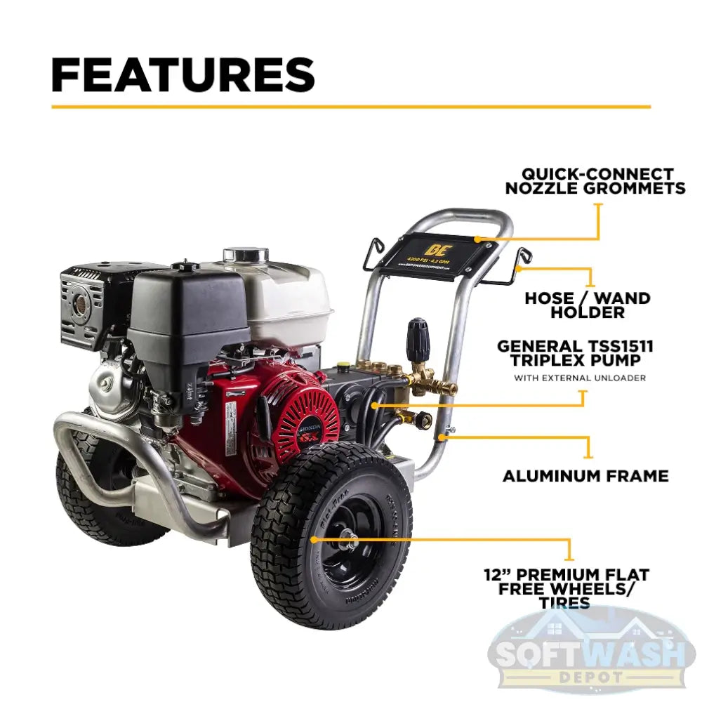 4,200 PSI 4.2 GPM cold water gas pressure washer with Honda GX390 engine, General TSS1511-P8 belt drive triplex pump, aluminum frame, and flat-free tires. - Soft Wash Depot