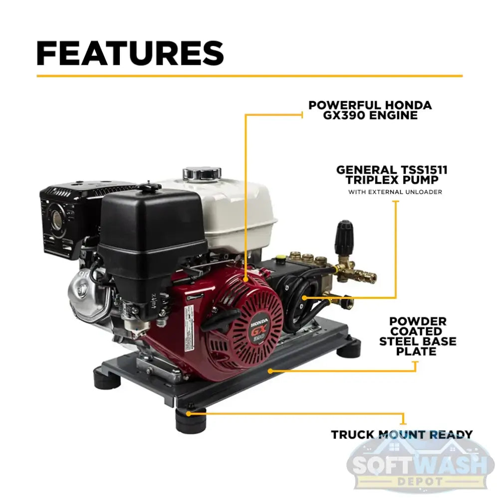 4,200 PSI 4.2 GPM truck mount cold water gas pressure washer with Honda GX390 engine and General TSS1511 belt drive triplex pump. - Soft Wash Depot