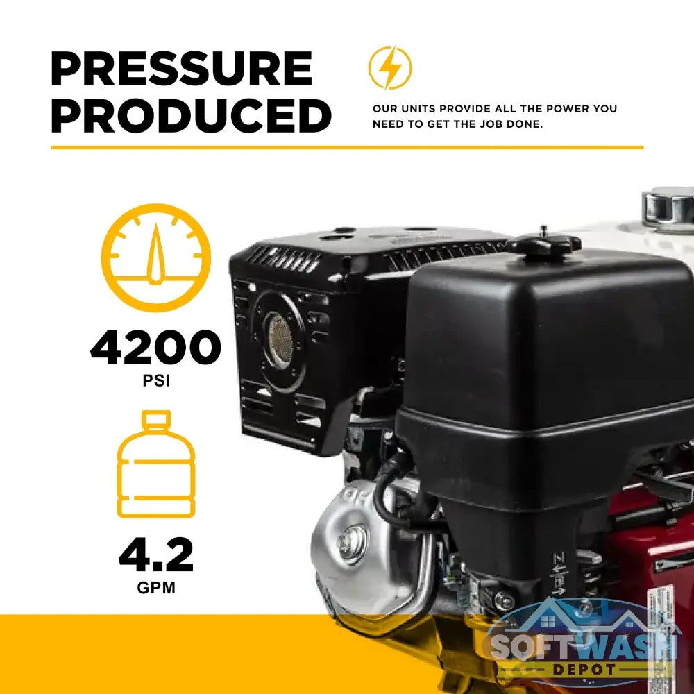4,200 PSI 4.2 GPM truck mount cold water gas pressure washer with Honda GX390 engine and General TSS1511 belt drive triplex pump. - Soft Wash Depot