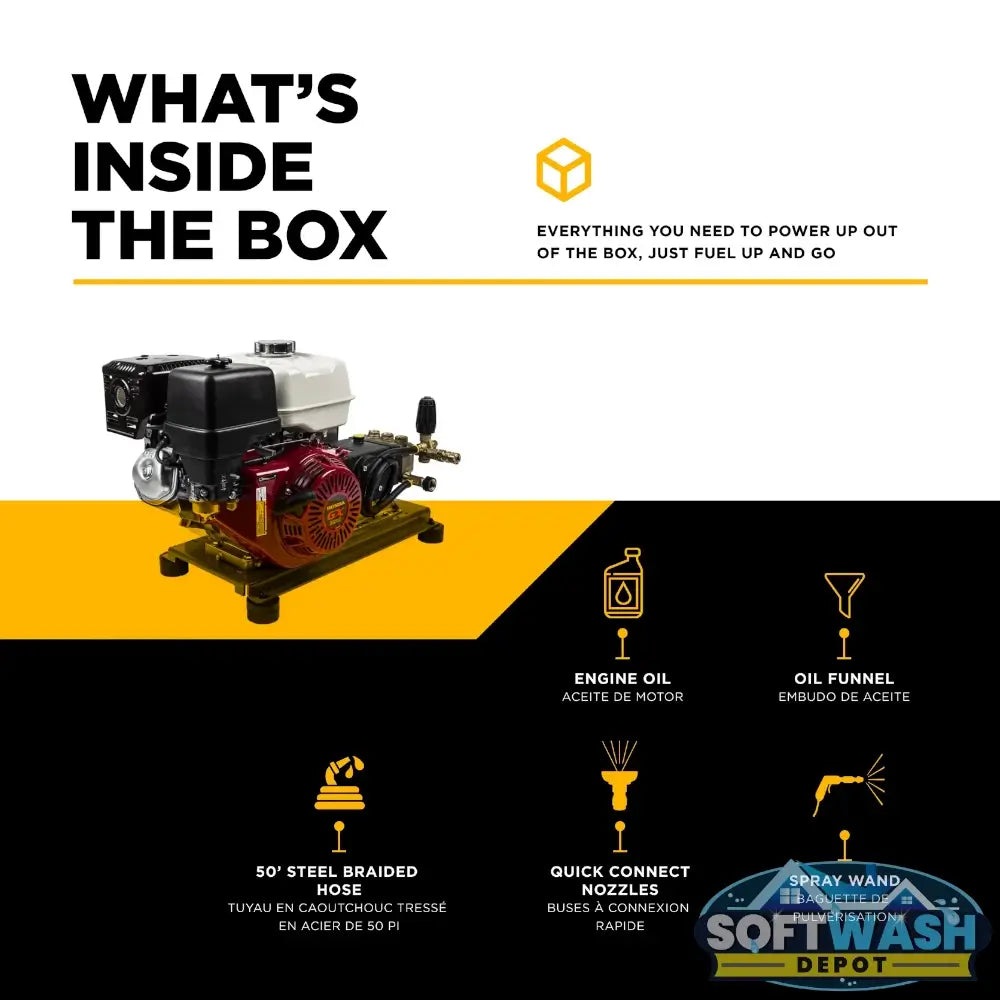 4,200 PSI 4.2 GPM truck mount cold water gas pressure washer with Honda GX390 engine and General TSS1511 belt drive triplex pump. - Soft Wash Depot