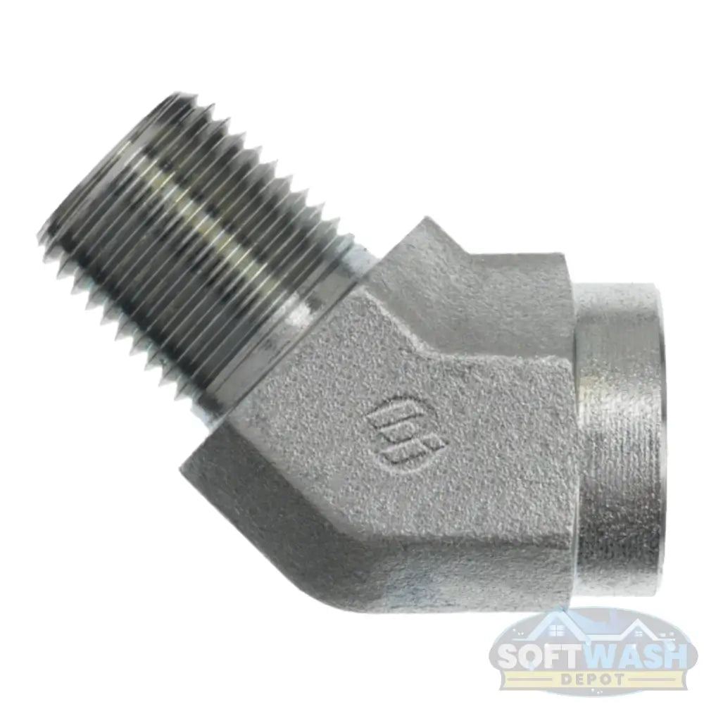 45-degree male pipe x female pipe steel elbow fitting, zinc-plated for corrosion resistance, durable connector for plumbing and pressure wash systems - Soft Wash Depot.