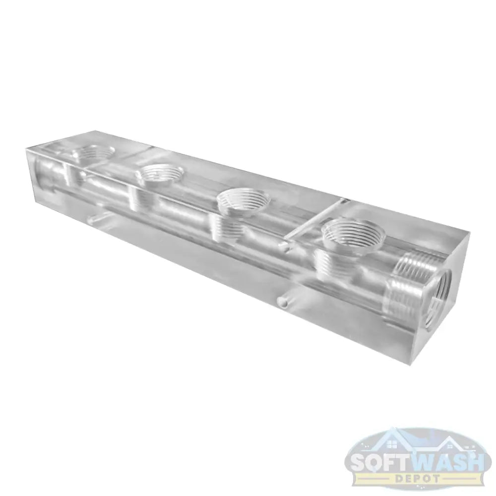 4 Port Clear Acrylic Soft Wash Mixing Manifold - precision-machined transparent manifold block with threaded ports for proportioner system connections. - Soft Wash Depot