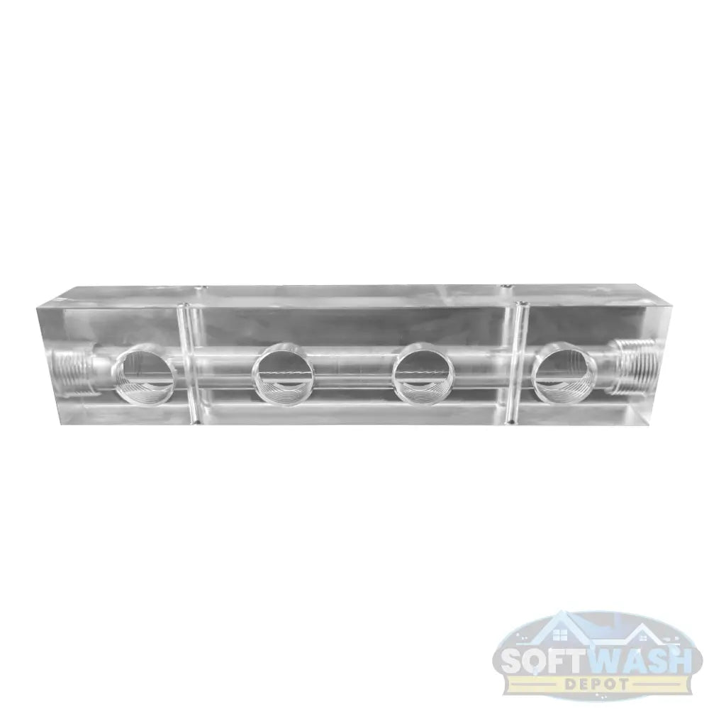 4 Port Clear Acrylic Soft Wash Mixing Manifold - precision-machined transparent manifold block with threaded ports for proportioner system connections. - Soft Wash Depot