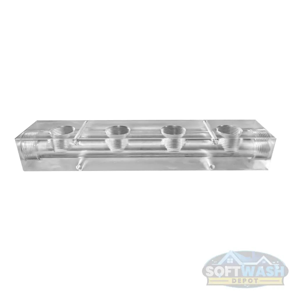 4 Port Clear Acrylic Soft Wash Mixing Manifold - precision-machined transparent manifold block with threaded ports for proportioner system connections. - Soft Wash Depot