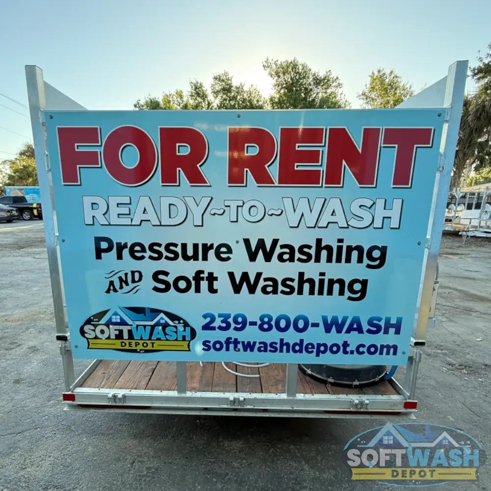 6' x 12' Aluminum Trailer Rental with 8 GPM Gas Soft Wash System - Fully equipped mobile pressure washing trailer with water tank, hose reels, and Honda engine - Available for rent from Soft Wash Depot.