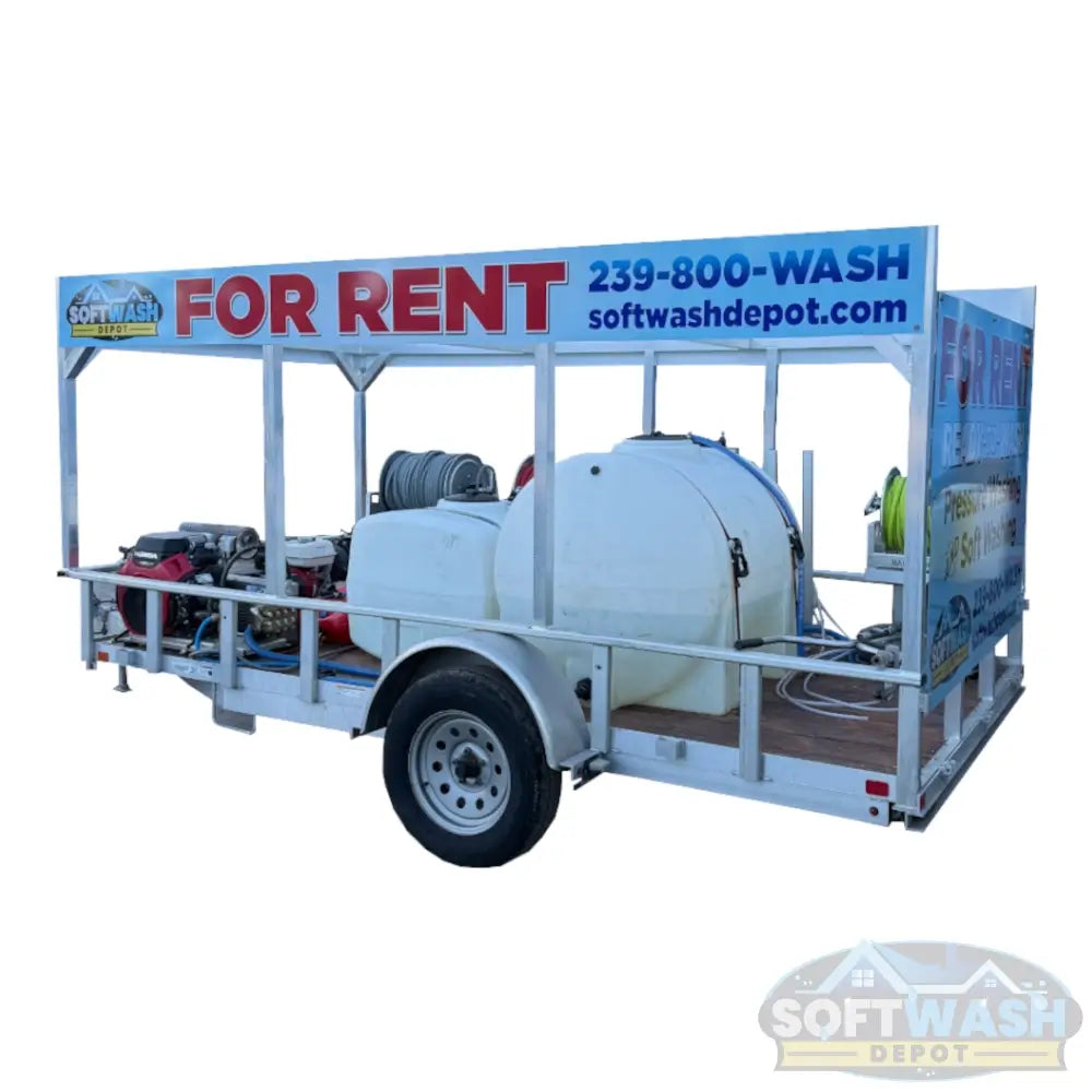 6' x 12' Aluminum Trailer Rental with 8 GPM Gas Soft Wash System - Fully equipped mobile pressure washing trailer with water tank, hose reels, and Honda engine - Available for rent from Soft Wash Depot.