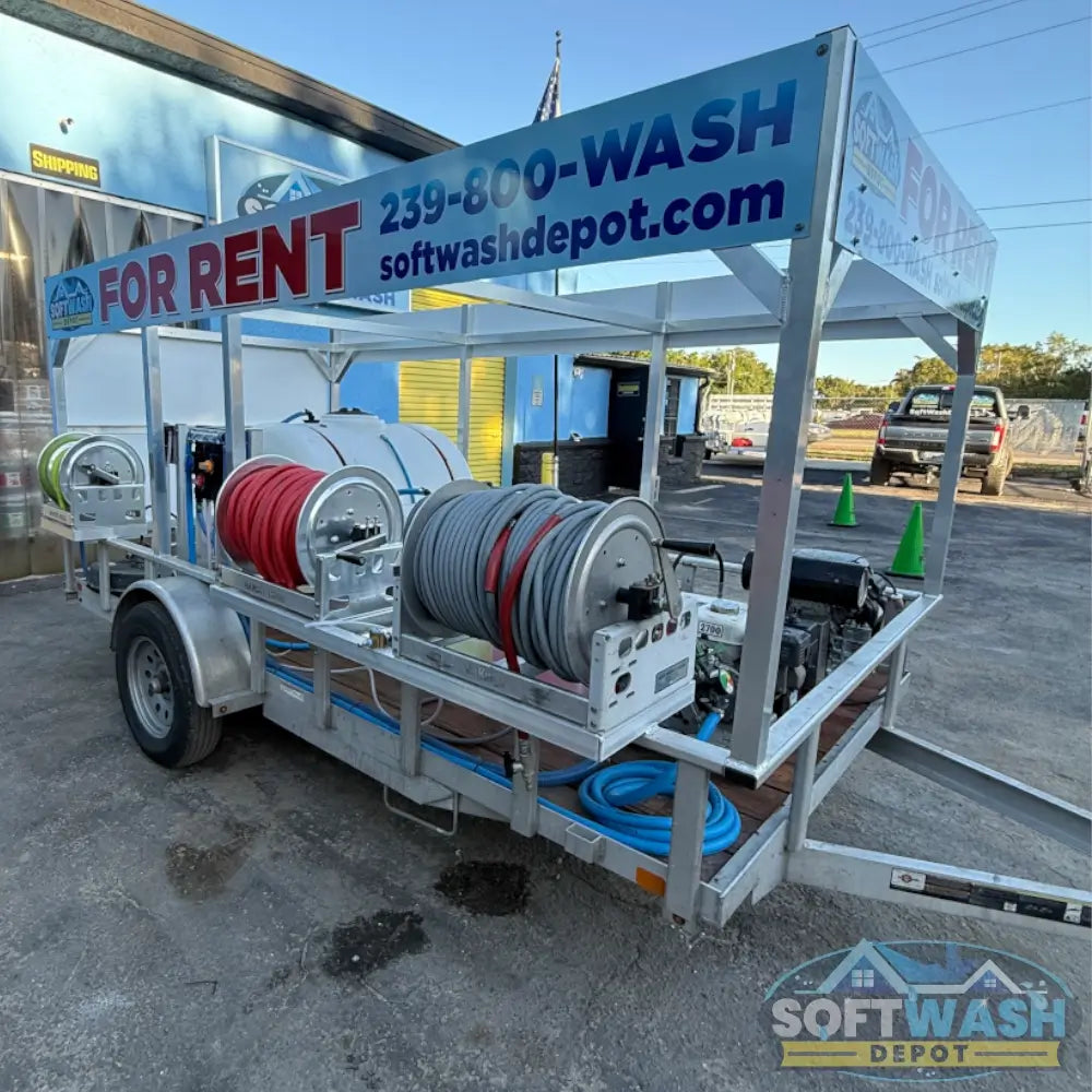 6' x 12' Aluminum Trailer Rental with 8 GPM Gas Soft Wash System - Fully equipped mobile pressure washing trailer with water tank, hose reels, and Honda engine - Available for rent from Soft Wash Depot.